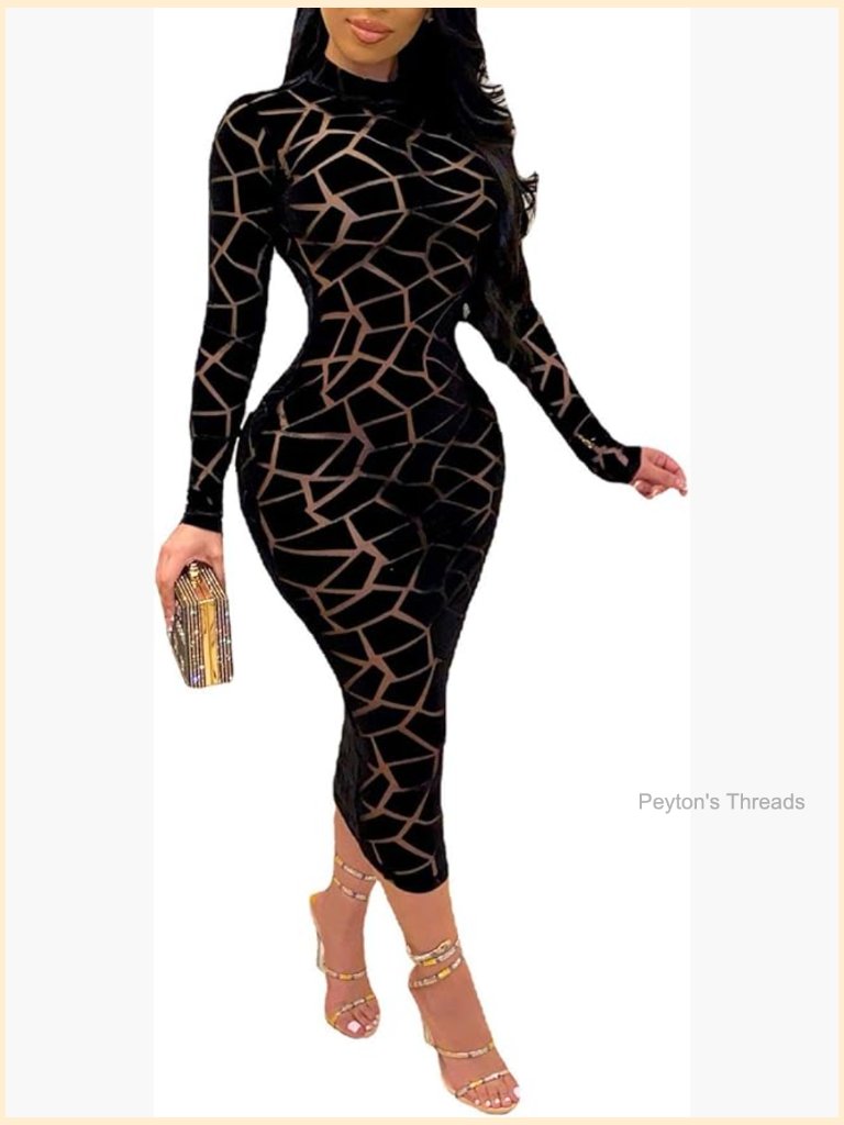 Sheer Mesh Bodycon Midi Dress See Through Long Sleeve Clubwear